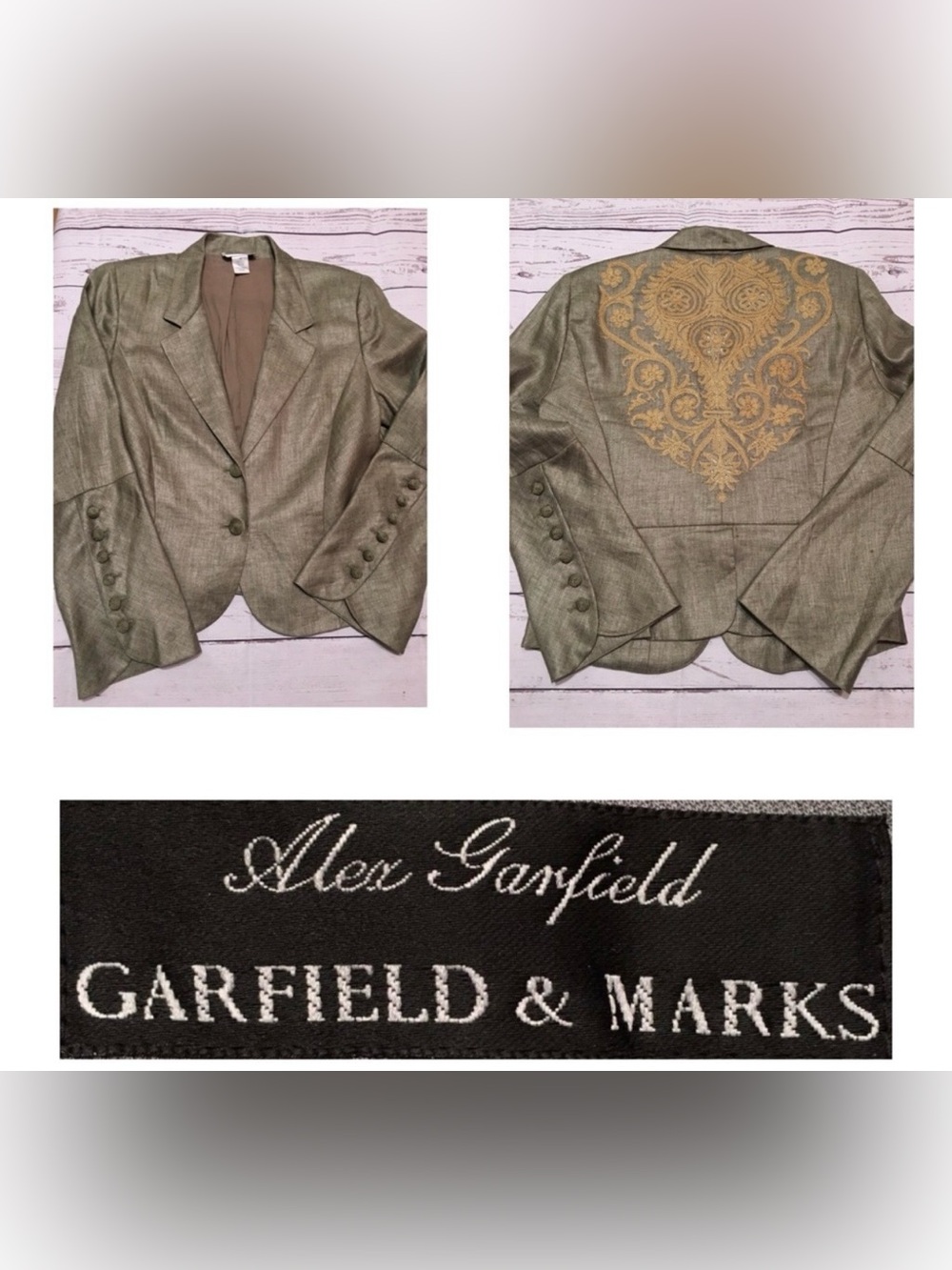 Garfield & Marks Vintage Fern Celery Green Blazer/Jacket Ornate Gold Embroidery